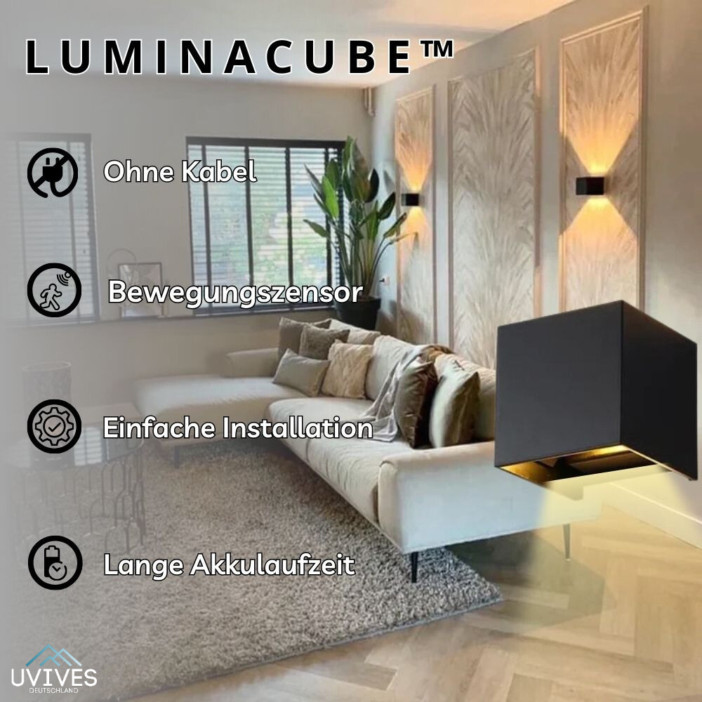 Kabellose Wandlampe | Bewegungsmelder | Warmes Licht 3000K | Modern & Elegant | LuminaCube