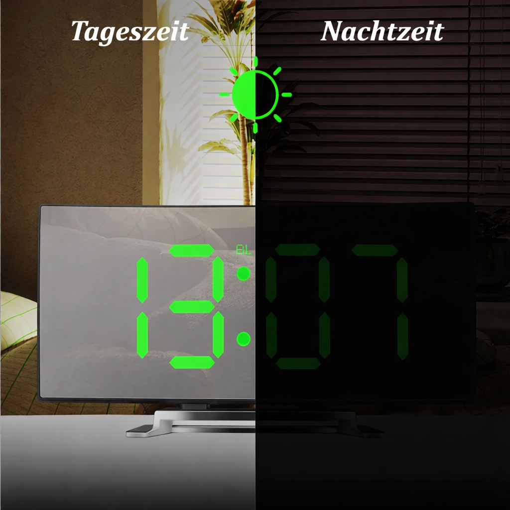 LED Digitalwecker | Gebogenes Display | Automatische Helligkeit | Modernes Design | Curve-Clock
