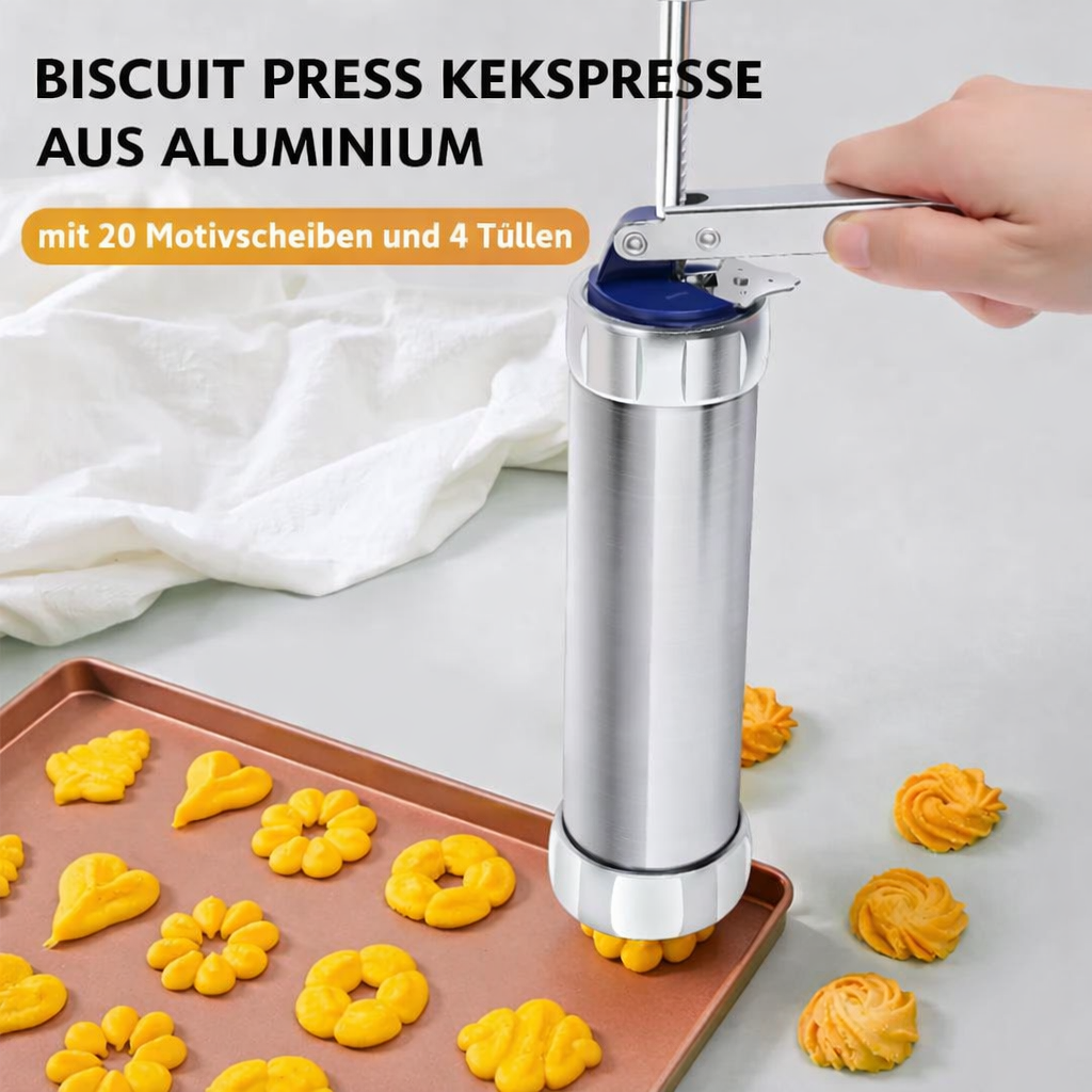 Plätzchenpresse Aluminium | 20 Formen & 4 Düsen | Einfache Bedienung & Reinigung | Perfekte Keksformen | Bakezy