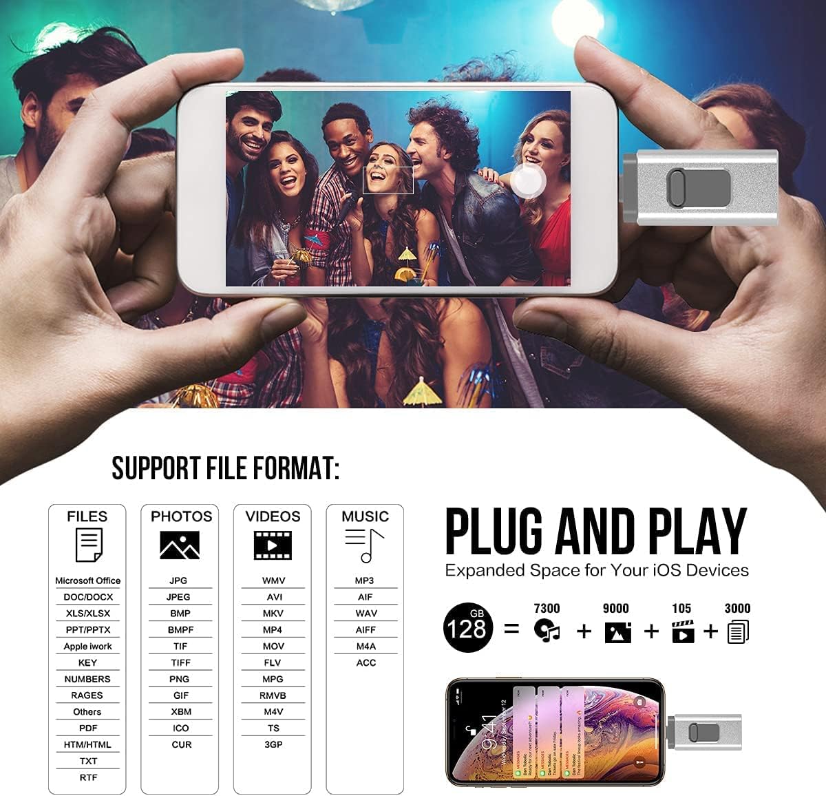 Smartphone Speicherstick | 3-in-1 USB & Lightning | Sofortige Datensicherung | 128GB Extra Speicher | Profi-Stick