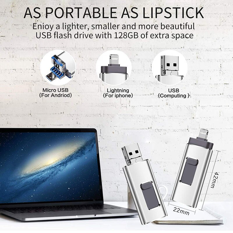 Smartphone Speicherstick | 3-in-1 USB & Lightning | Sofortige Datensicherung | 128GB Extra Speicher | Profi-Stick