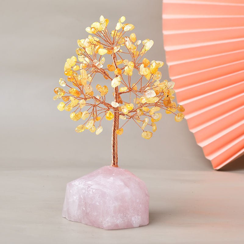 Arbre de Vie Plaisir sur Quartz Rose – Fait Main 15 cm - Biloria