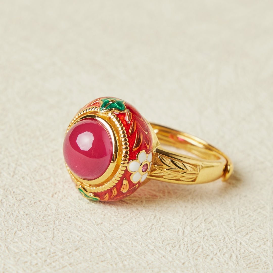 Bague Cornaline Ajustable Argent Plaqué Or Motif Floral - Biloria