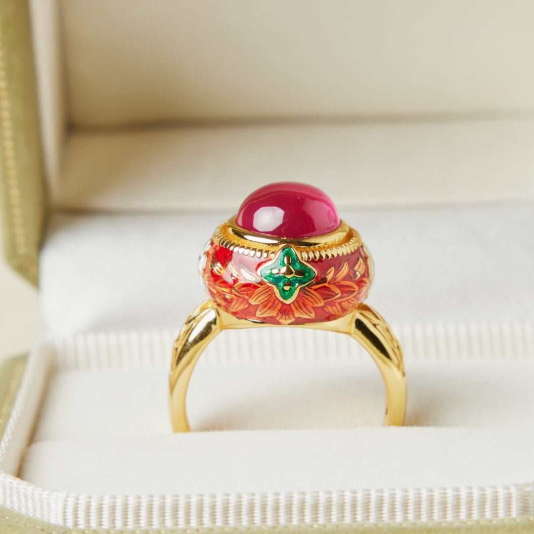 Bague Cornaline Ajustable Argent Plaqué Or Motif Floral - Biloria
