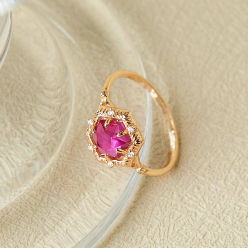 Bague Cornaline Hexagonale Argent Plaqué Or Charme Passion - Biloria