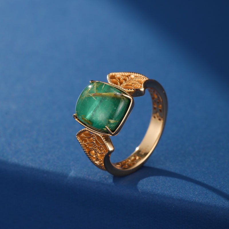 Bague Malachite Quartz Rutile Argent Plaqué Or Taille 49 51 54 57 - Biloria