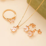 Bague Quartz Rose et Zircon Argent Plaqué Or Design Feuillu Feng Shui - Biloria