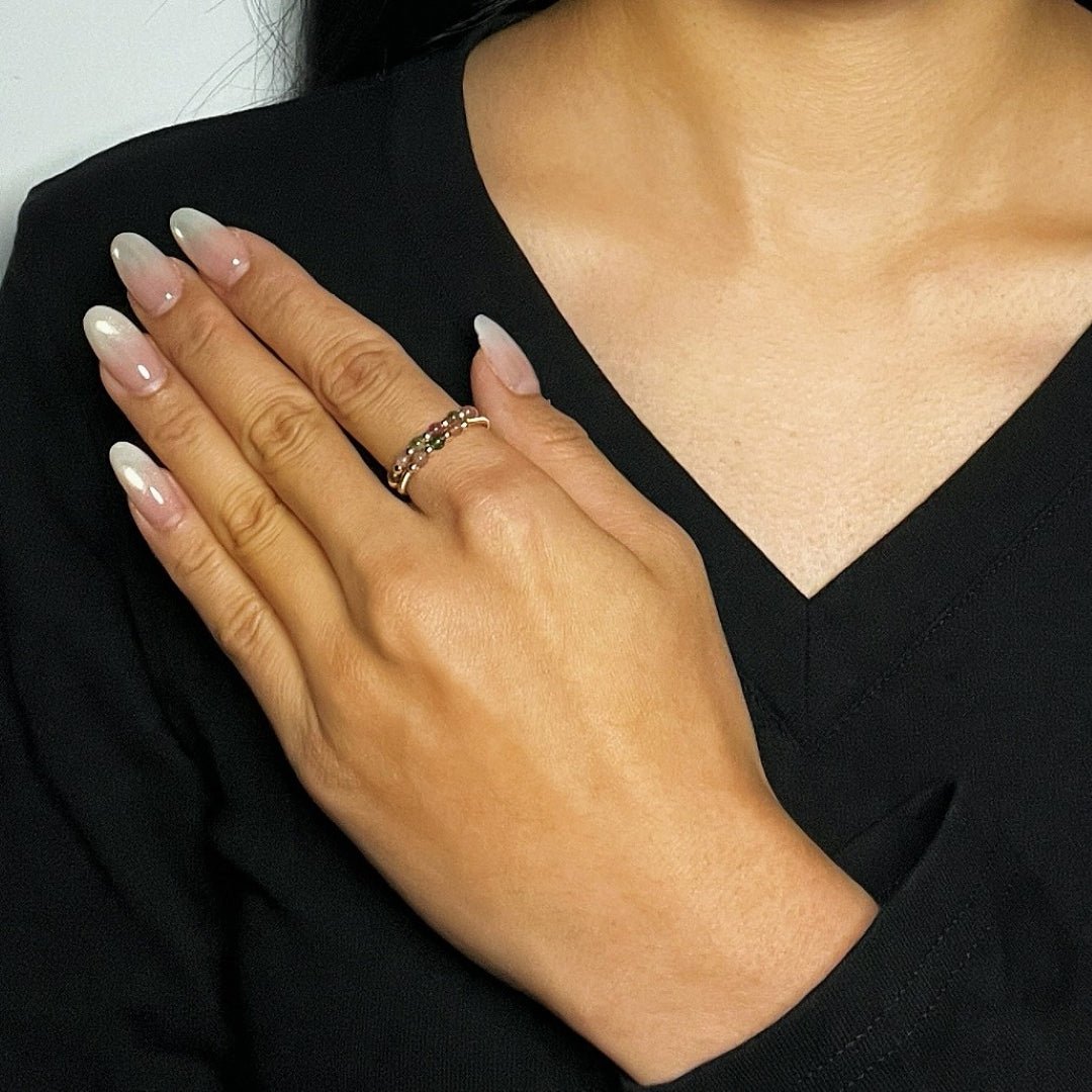 Bague Tourmaline Multicolore Ajustable, Argent Plaqué Or 14K - Biloria