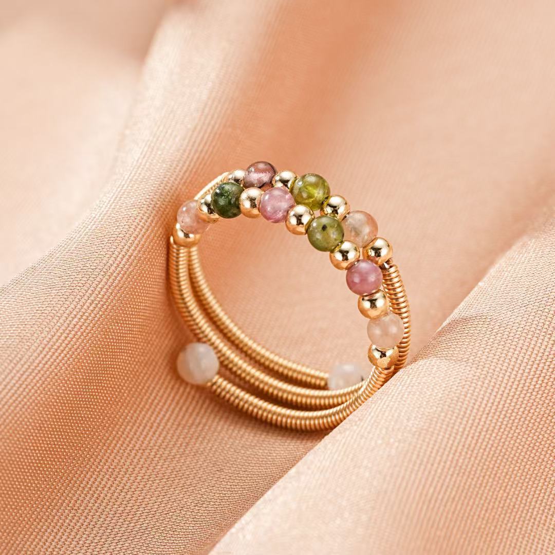 Bague Tourmaline Multicolore Ajustable, Argent Plaqué Or 14K - Biloria
