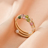 Bague Tourmaline Multicolore Ajustable, Argent Plaqué Or 14K - Biloria