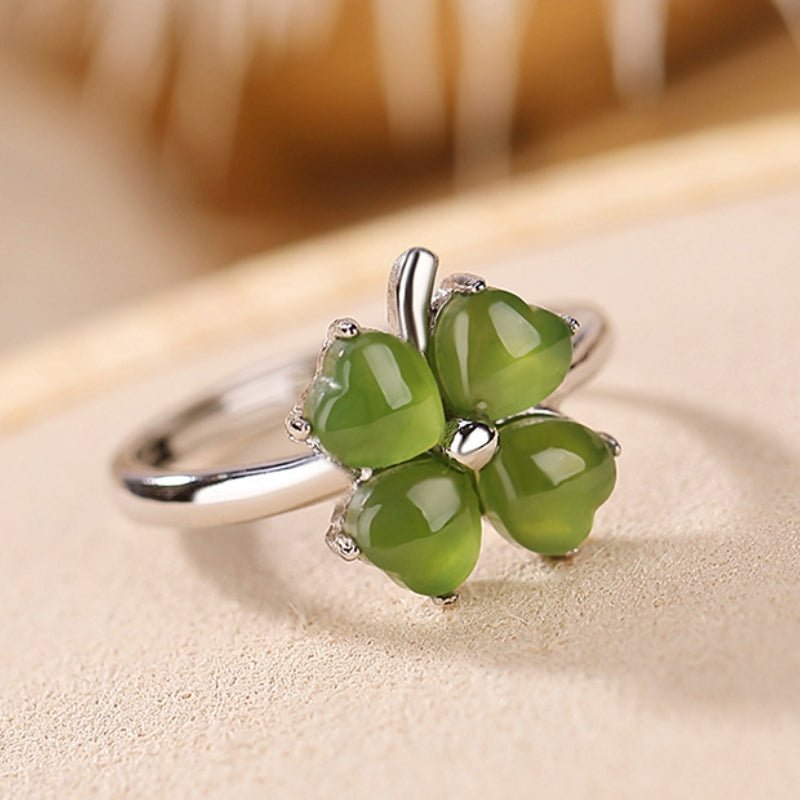 Bague Trèfle Jade Argent Plaqué Or Feng Shui Chance Harmonie - Biloria