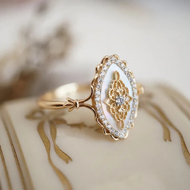 Bague vintage zircon et nacre argent plaqué or – Nostalgia - Biloria