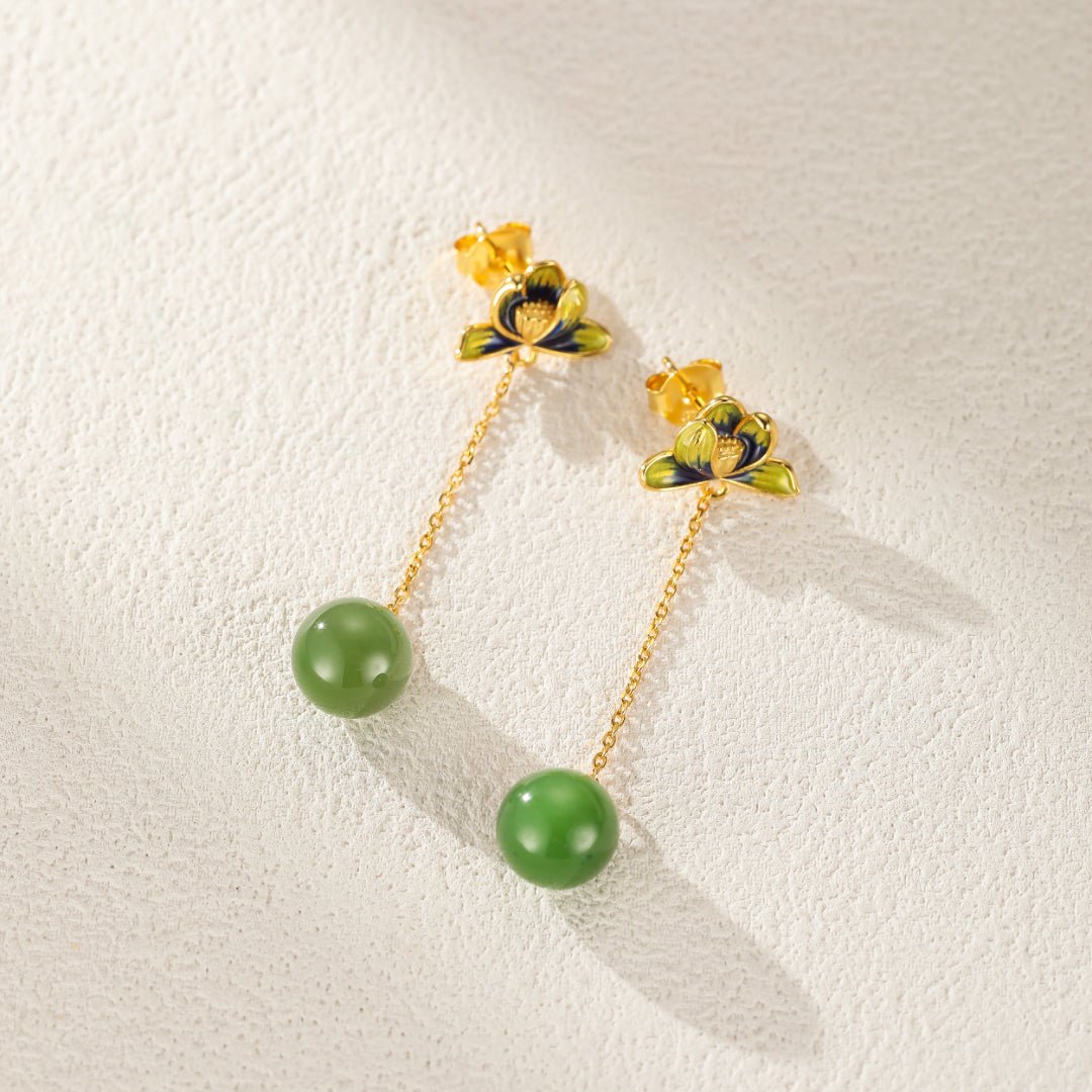 Boucles d'Oreille Jade Lotus Bleu Argent Plaqué Or - Biloria