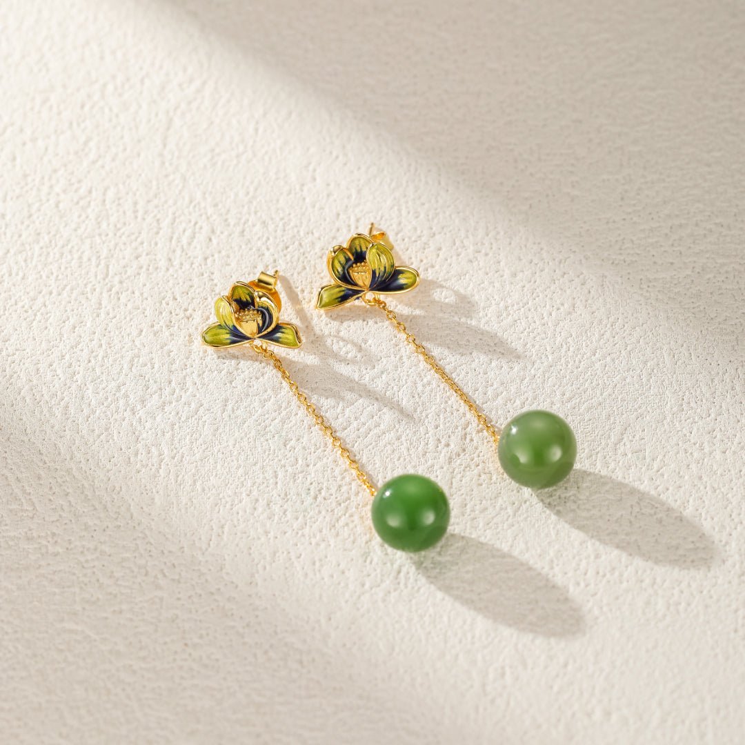 Boucles d'Oreille Lotus Bleu et Jade Néphrite - Argent Plaqué Or - Biloria