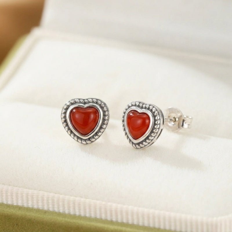 Boucles d'oreilles Agate Rouge forme Cœur en Argent 925 - Biloria