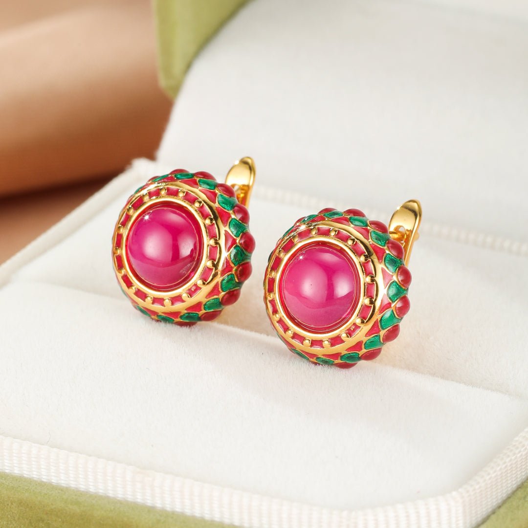 Boucles d'Oreilles Cornaline Rosace Royale Émail Vert Rouge - Biloria