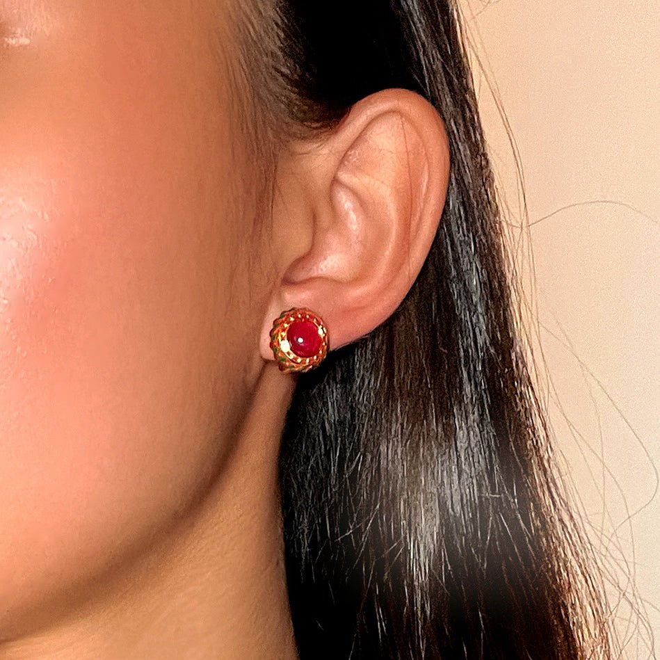 Boucles d'Oreilles Cornaline Rosace Royale Émail Vert Rouge - Biloria