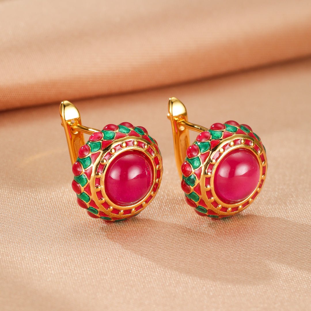 Boucles d'Oreilles Cornaline Rosace Royale Émail Vert Rouge - Biloria