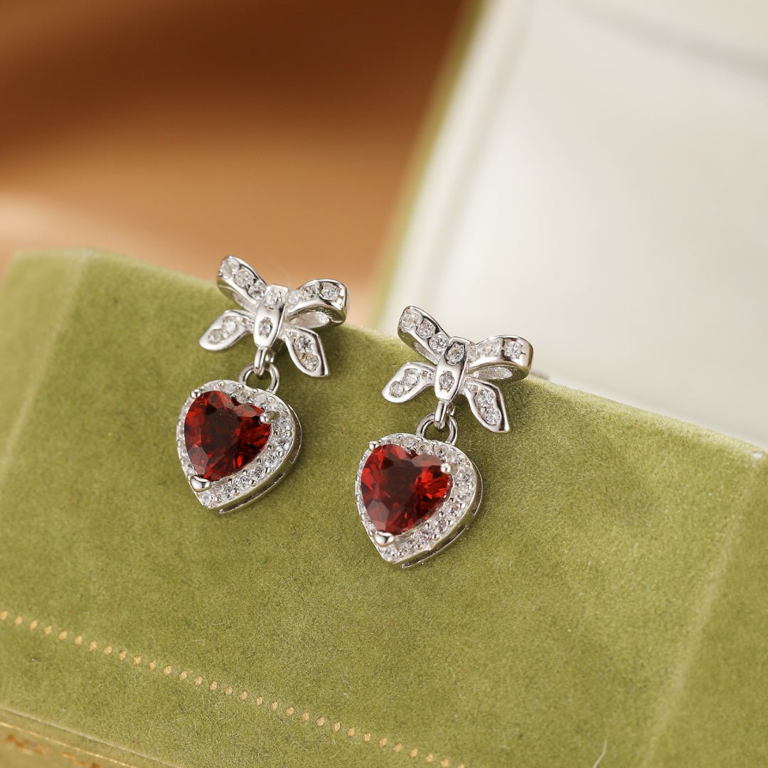 Boucles d'oreilles Grenat Cœur Nœud d'Amour Argent 925 - Biloria