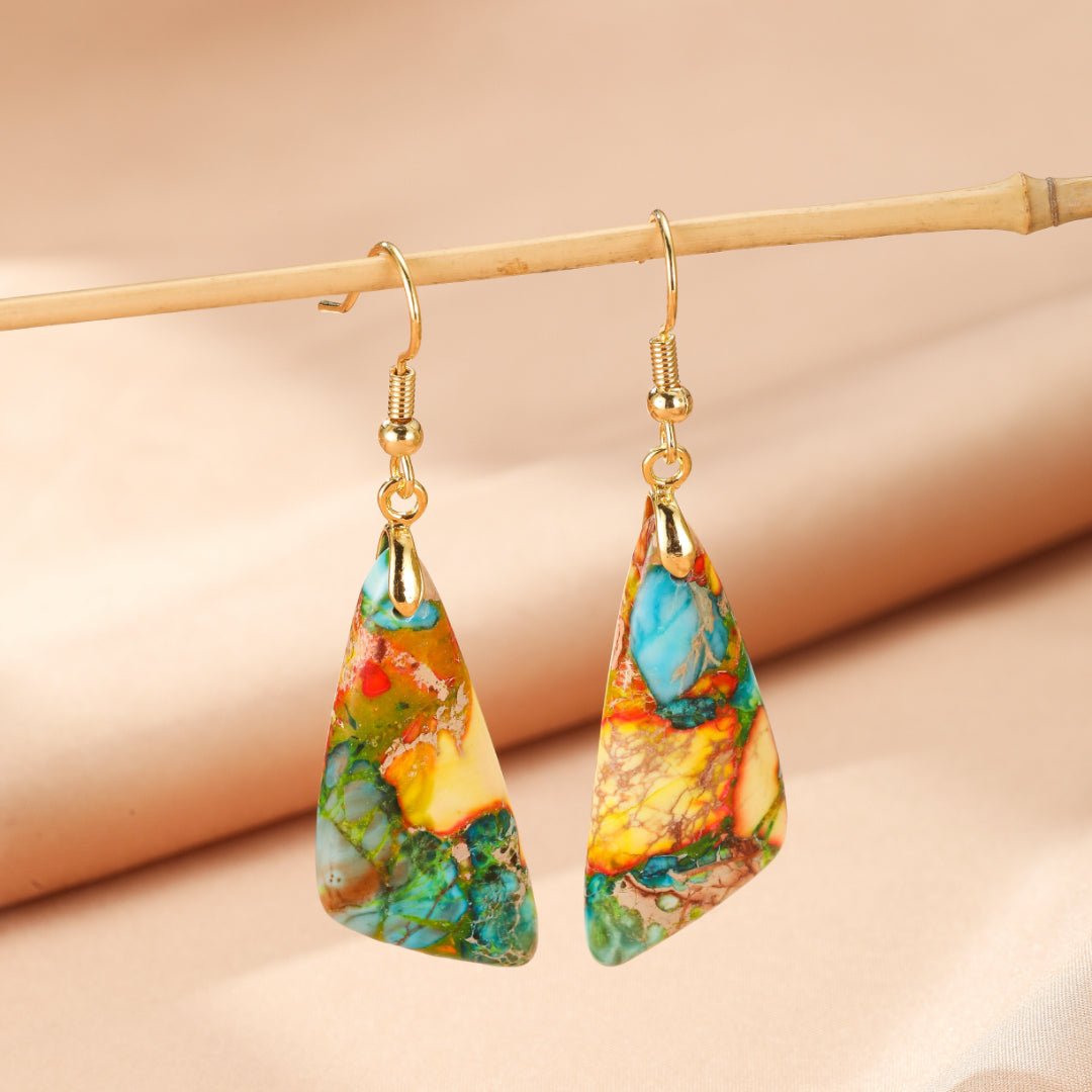 Boucles d'Oreilles Jaspe Multicolore Laiton Doré 18K - Biloria