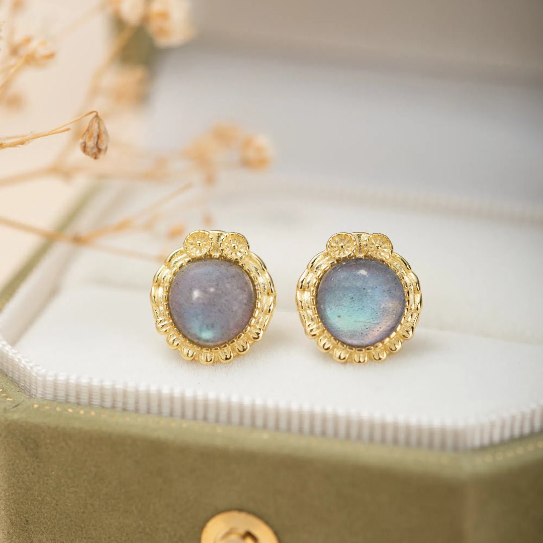Boucles d'Oreilles Labradorite Hibou – Argent Plaqué Or - Biloria
