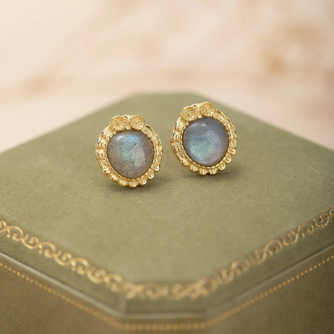 Boucles d'Oreilles Labradorite Hibou – Argent Plaqué Or - Biloria
