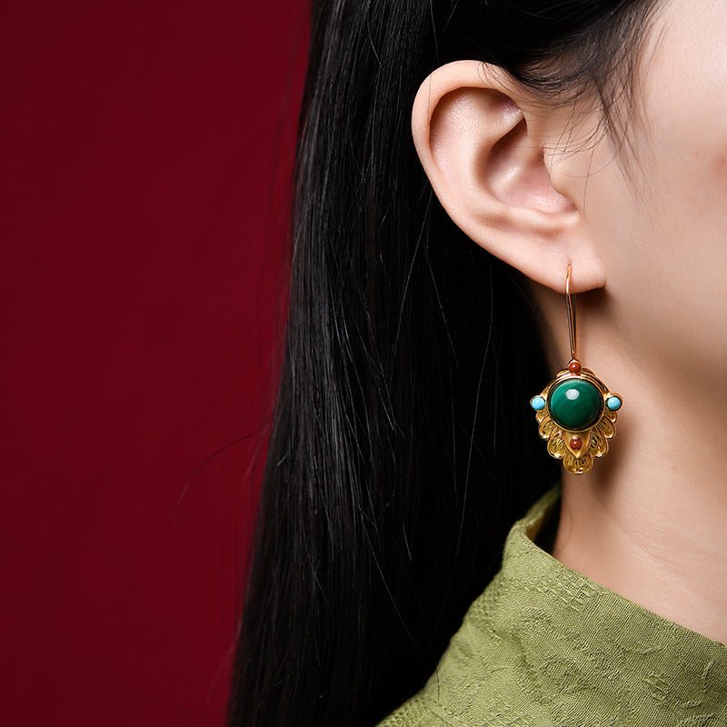 Boucles d'Oreilles Malachite Feuille Dorée – Argent Plaqué Or - Biloria