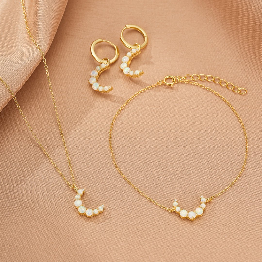 Boucles d'Oreilles Opale Croissant de Lune Argent Plaqué Or 18K - Biloria