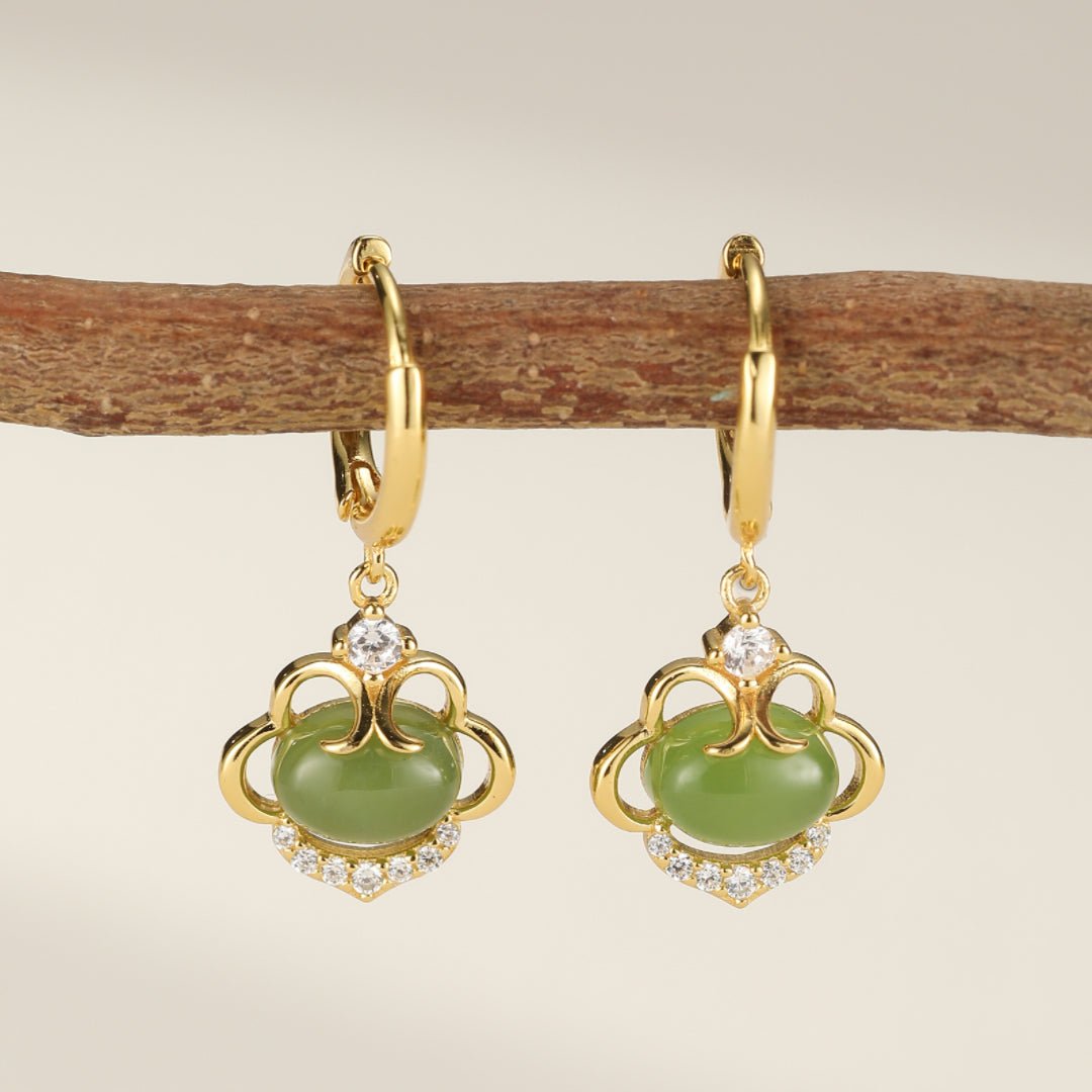 Boucles d'Oreilles Pendantes en Jade et Zircon, Argent Plaqué Or - Biloria