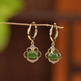 Boucles d'Oreilles Pendantes en Jade et Zircon, Argent Plaqué Or - Biloria