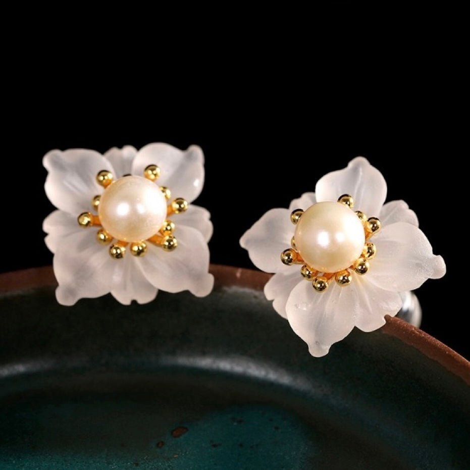 Boucles d'Oreilles Quartz Clair Perle Argent Plaqué Or Floraison - Biloria