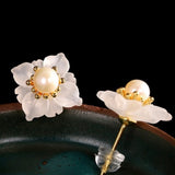 Boucles d'Oreilles Quartz Clair Perle Argent Plaqué Or Floraison - Biloria