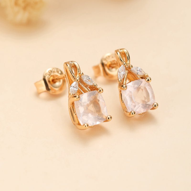 Boucles d'Oreilles Quartz Rose Feuillu Argent Plaqué Or - Biloria