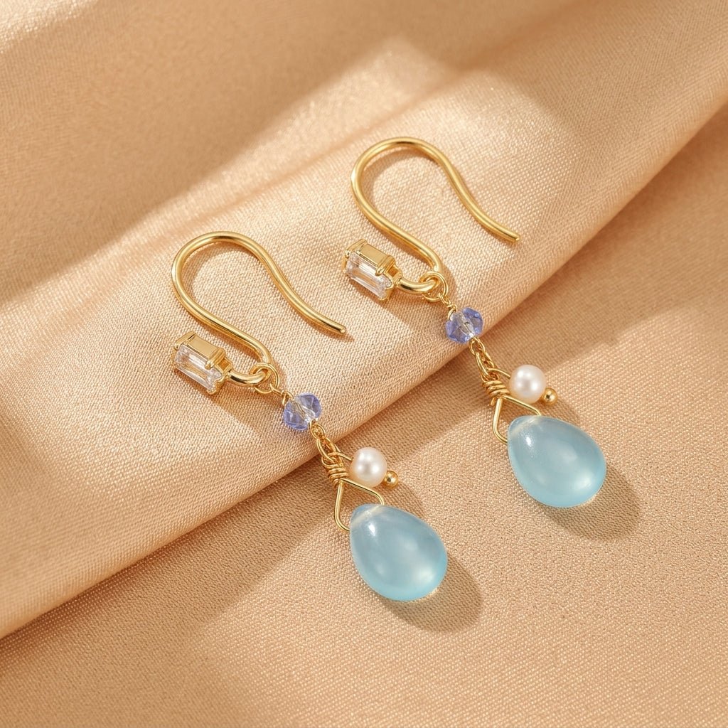 Boucles d'Oreilles Topaze et Perle – Argent Plaqué Or 14 Carats - Biloria