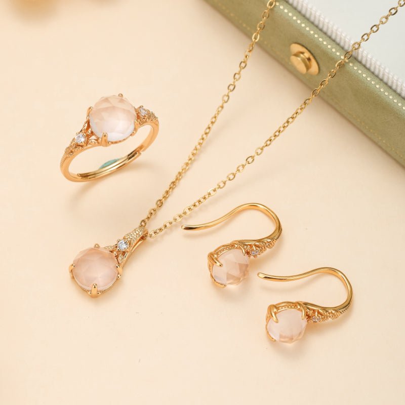 Boucles Oreilles Quartz Rose Argent Plaqué Or Floral - Biloria