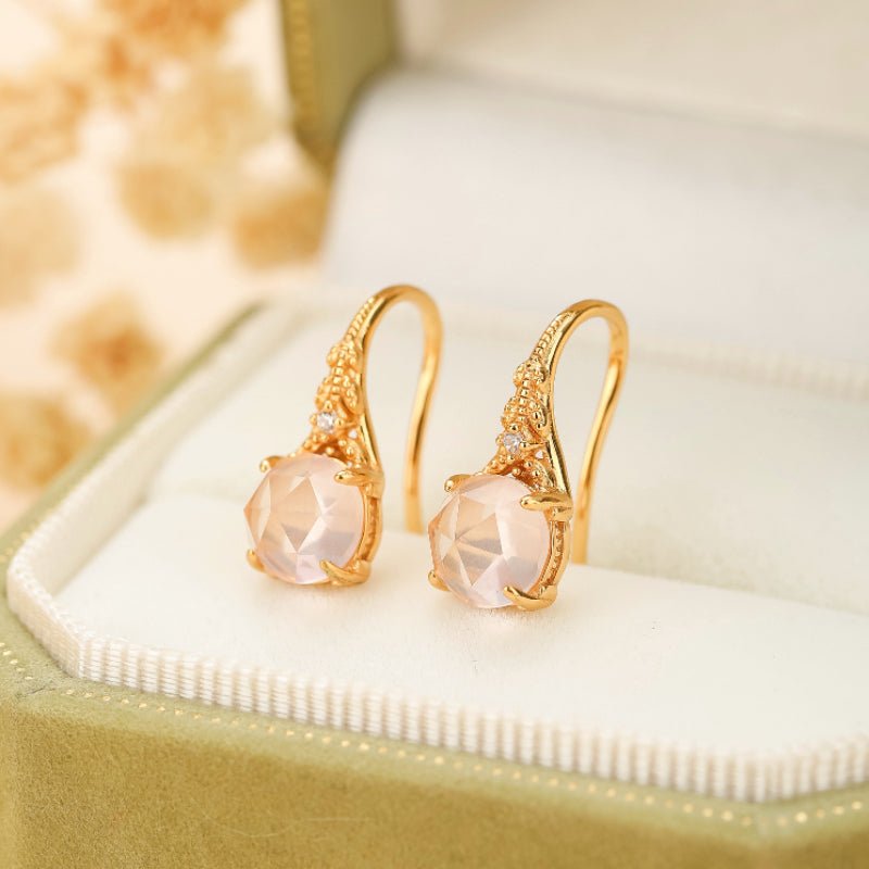 Boucles Oreilles Quartz Rose Argent Plaqué Or Floral - Biloria