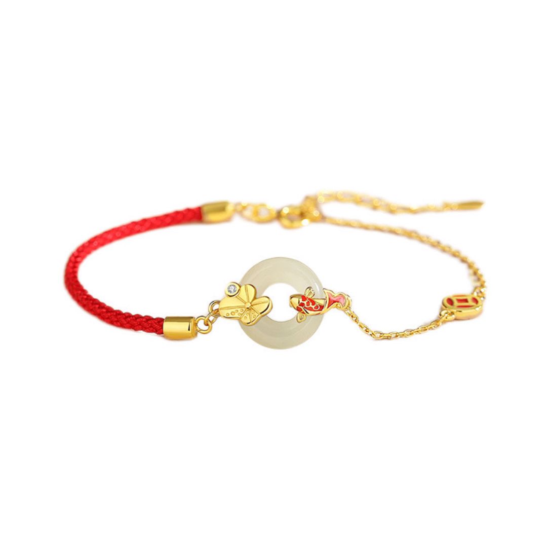 Bracelet Cordon Rouge Jade Carpe Koï Argent Plaqué Or - Biloria