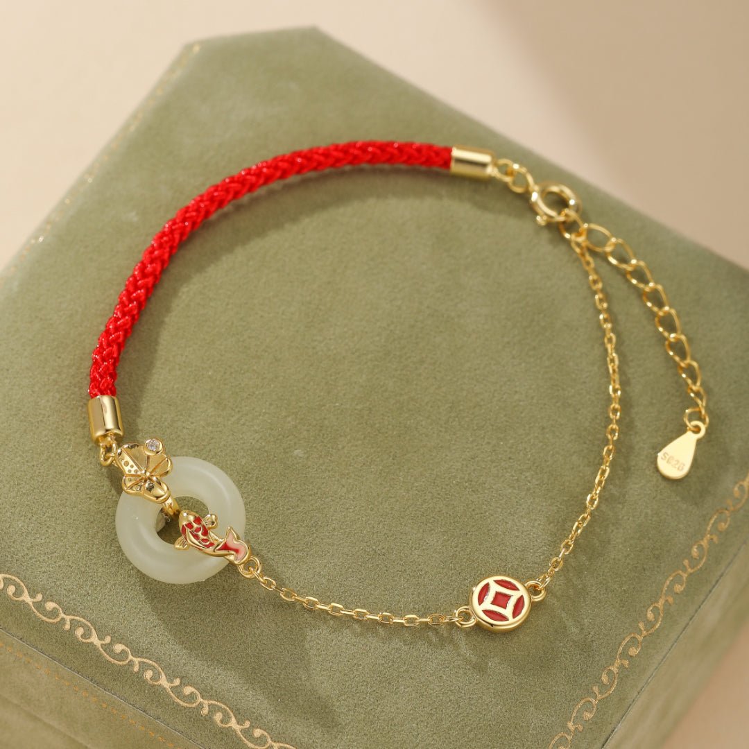 Bracelet Cordon Rouge Jade Carpe Koï Argent Plaqué Or - Biloria