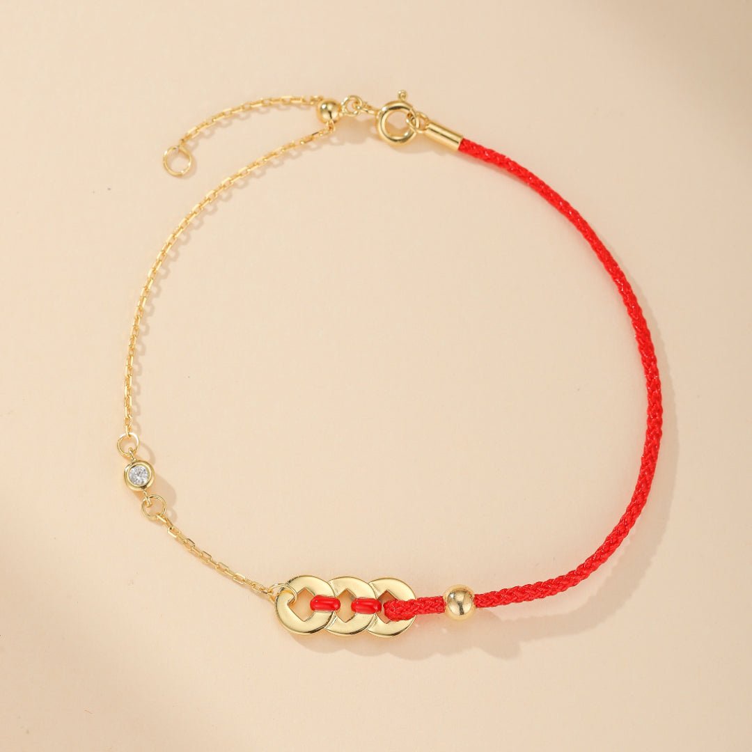 Bracelet Cordon Rouge Monnaies Porte-Bonheur Argent Plaqué Or 18K - Biloria