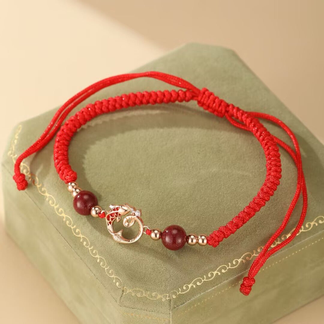 Bracelet Cordon Rouge Serpent Carpe Koï Argent Plaqué Or - Biloria