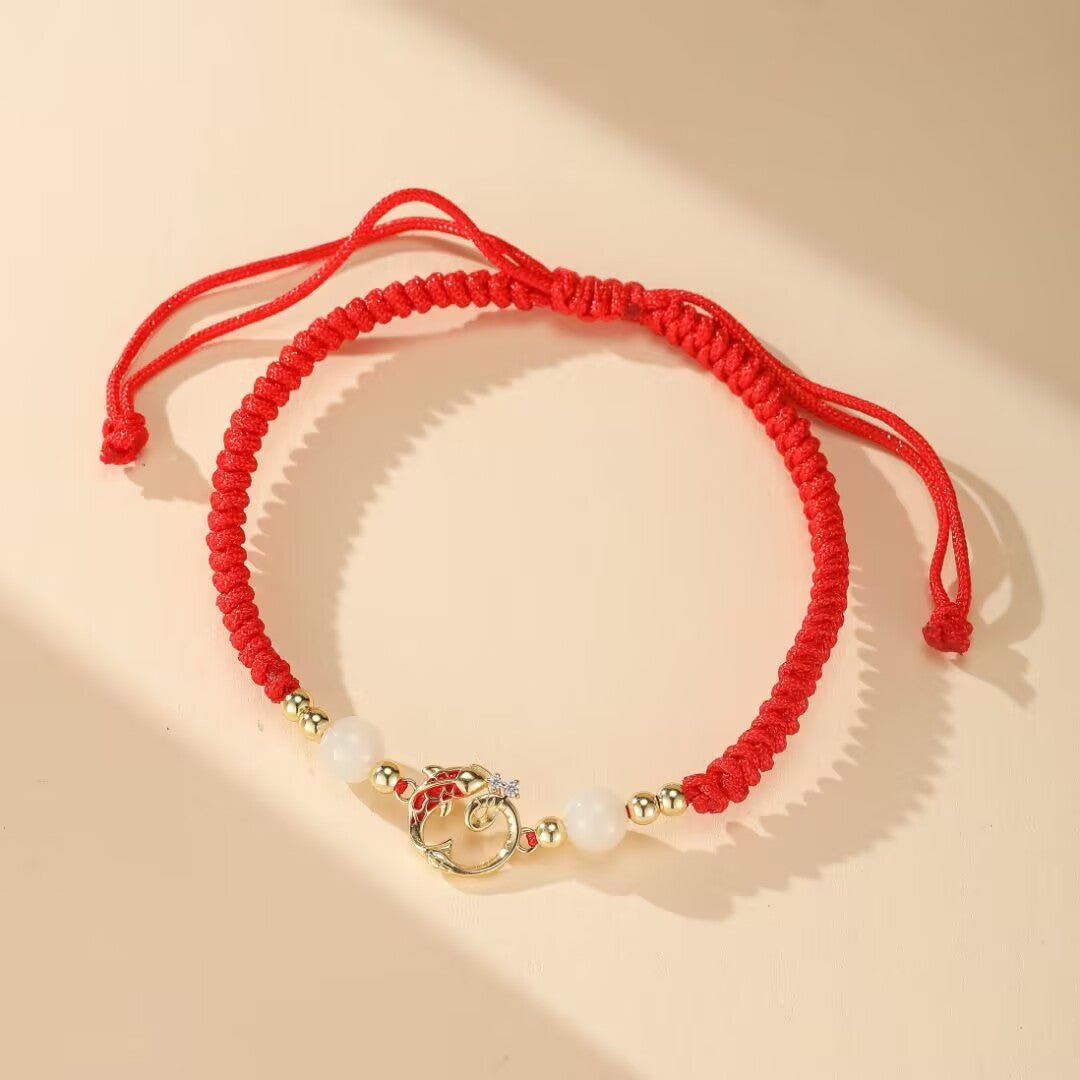 Bracelet Cordon Rouge Serpent Carpe Koï Argent Plaqué Or - Biloria