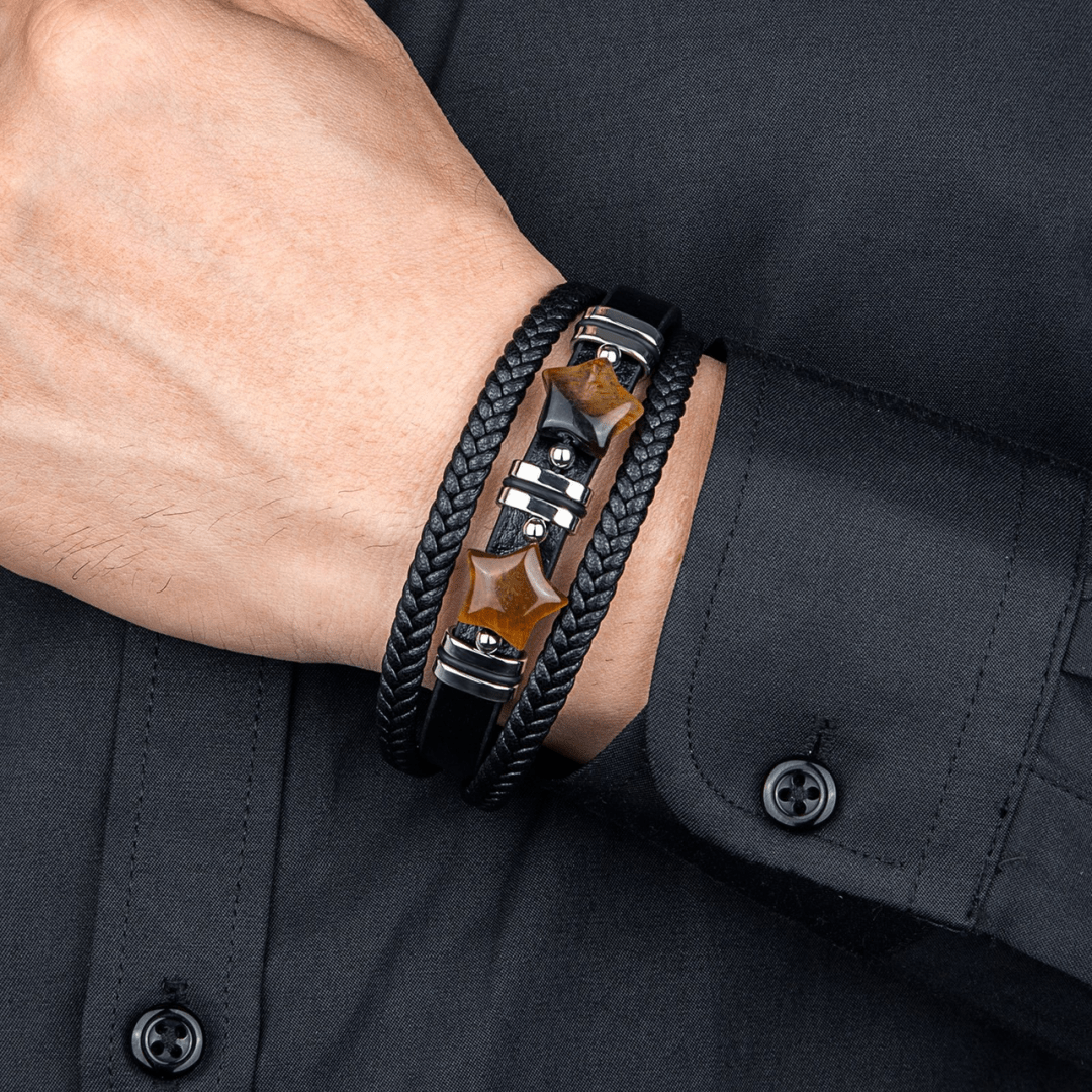 Bracelet Cuir Homme Œil de Tigre Étoile Protection - Biloria