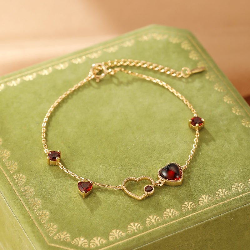 Bracelet Grenat Cœur Passionné en Argent Plaqué Or 14K - Biloria