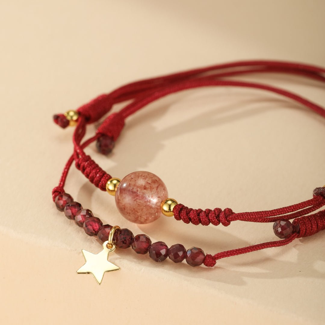 Bracelet Grenat Quartz Fraise Fil Rouge Protection Destin - Biloria