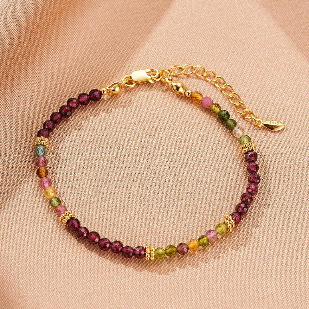Bracelet Grenat Tourmaline Multicolore Argent Plaqué Or - Biloria