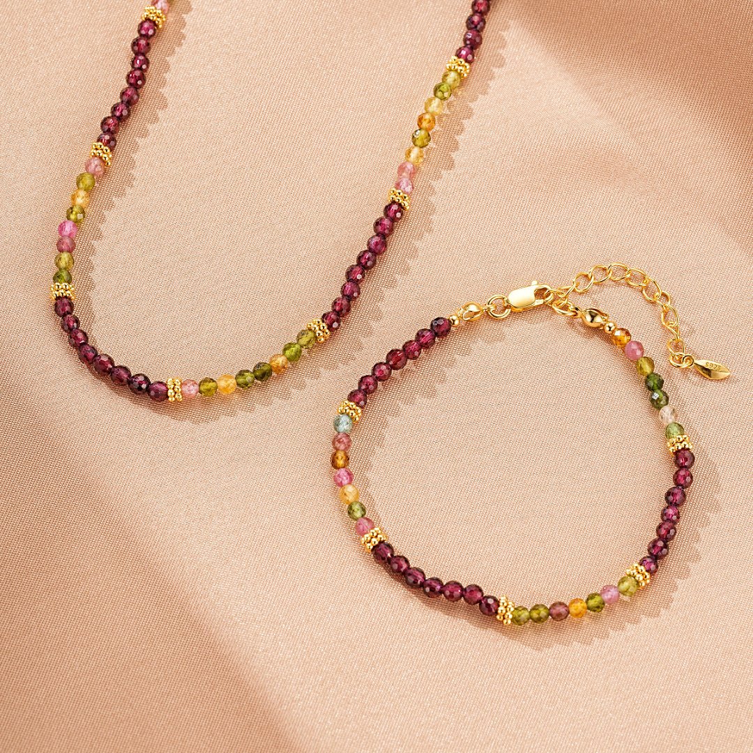 Bracelet Grenat Tourmaline Multicolore Argent Plaqué Or - Biloria