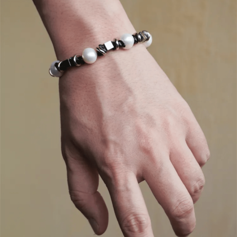 Bracelet Homme Acier Titane Perle et Agate Noire - Biloria