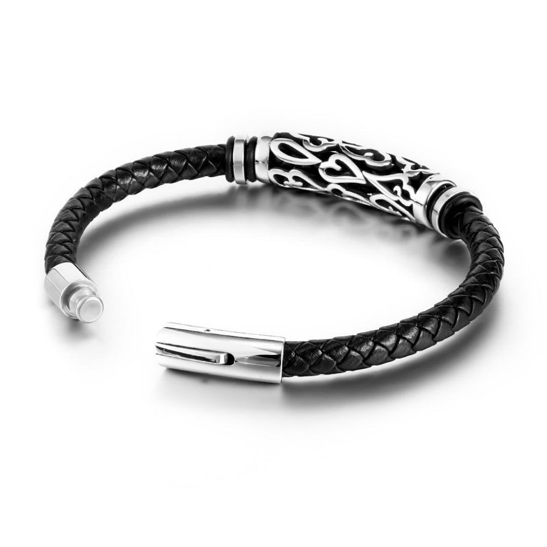 Bracelet Homme en Cuir Tressé avec Motif Tribal Argenté - Biloria