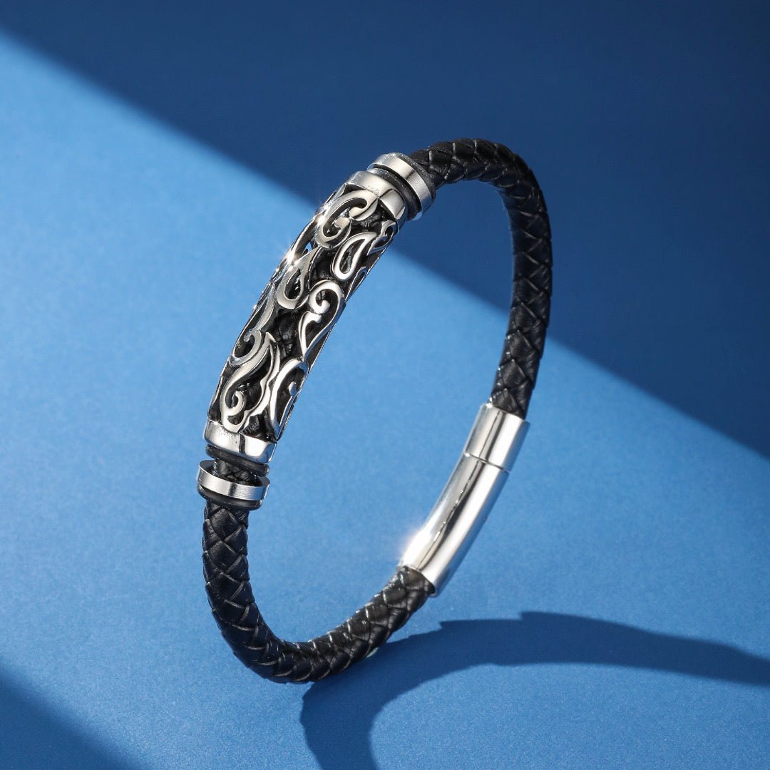 Bracelet Homme en Cuir Tressé avec Motif Tribal Argenté - Biloria
