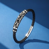 Bracelet Homme en Cuir Tressé avec Motif Tribal Argenté - Biloria